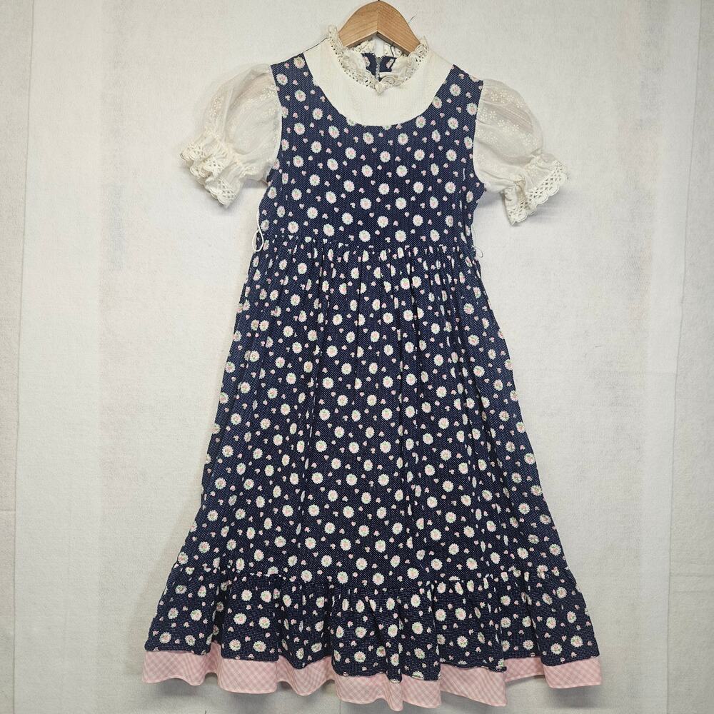 Vintage Cinderella Girls Dress Navy Blue Polka Dot Floral Lace Puff Sleeve Sz 6